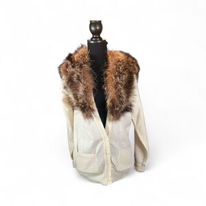 Lands' End Cream Sweater with Brown Faux Fur Collar